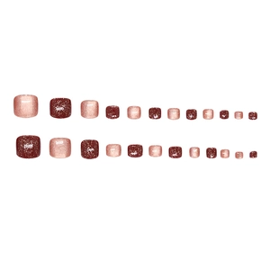 24 faux ongles de pieds rouge vin et or rose pailleté pour un look doux et élégant