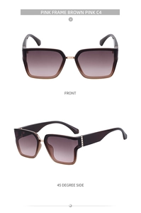 Detail view of pink gradient square sunglasses with front and 45-degree side angles