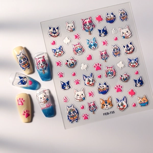 3D embossed cat and paw print nail art stickers FEB-735 on gradient false nails