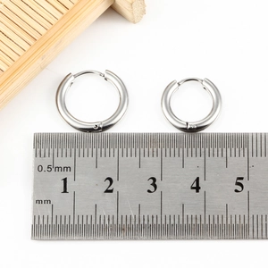 Stainless steel hoop earrings in silver finish showing 12mm and 15mm size measurements