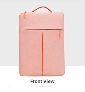 Front view of slim pink laptop sleeve with orange top handle and zipper pocket