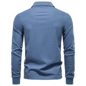 Back view of a premium blue long-sleeved polo shirt showing fine knit texture and cut