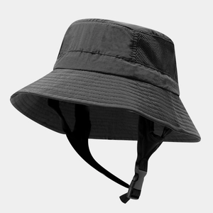 Detail of breathable side mesh and adjustable chin strap on this black sun bucket hat