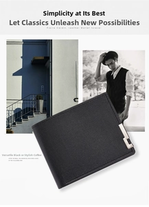 Close-up of black bifold wallet showing premium litchi grain texture and metal trim