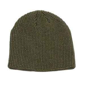 Olive green ribbed knit beanie with reflective yarn for men and women outdoor wear