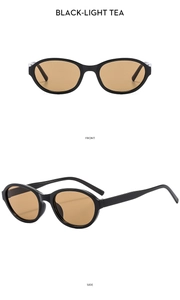 Detailed front and side views of oval black frames with light tea lenses sunglasses