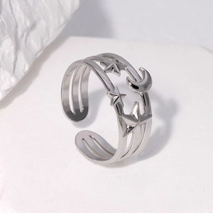 Minimalist 18K gold plated stainless steel open ring with celestial star and moon relief
