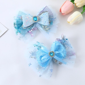 Girls Bow Hair Clips Mesh Sequin Snowflake Print Rhinestone Alloy Princess Style Hairpin Kids Jewelry Accessories