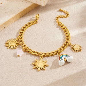 18K gold-plated stainless steel beaded bracelet featuring sun and rainbow charms