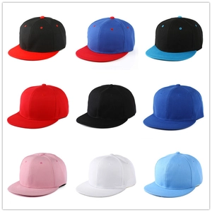 Flat brim snapback hats displayed in nine diverse color combinations on white background