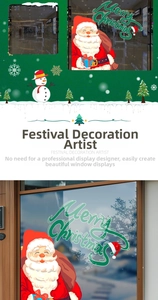 Detail of Santa Claus window stickers with Merry Christmas typography for festive decor