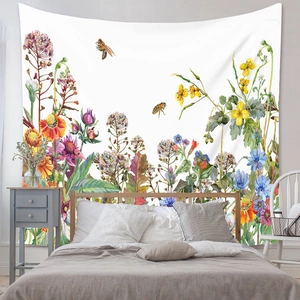 Bohemian floral wall tapestry featuring colorful wildflowers and bees for bedroom decor