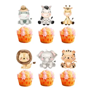 Set of 12 watercolor animal cupcake toppers featuring lions, zebras, and giraffes