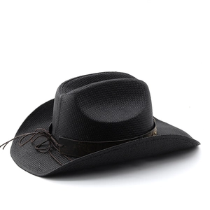 Detail of black woven cowboy hat featuring brown faux leather band and knot detail