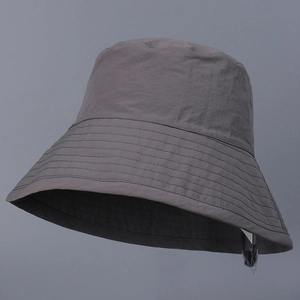 Detailed close-up of dark grey sun hat with reinforced stitching on wide brim