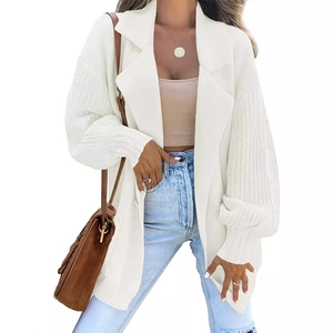 White knit cardigan jacket with lapel collar and long sleeves for winter fashion