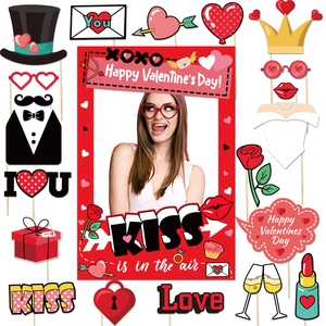2025 Valentine's Day photo booth props set with red paper frame and themed accessories