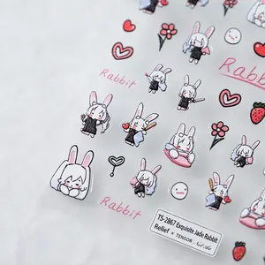 Stickers nail art lapin 3D gaufrés avec motifs fleurs et cœurs, modèle TS-2867