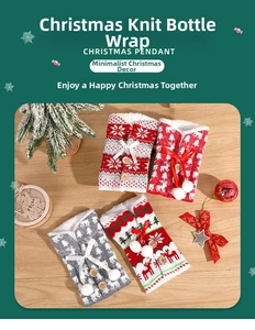 Close-up of four knitted Christmas wine bottle covers with reindeer and snowflake patterns