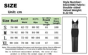 Detailed size guide table for mesh polka dot crop top and maxi skirt two-piece set