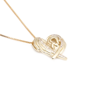 Collana con ciondolo a cuore dorato con motivo madre e figlio e pietre di zircone