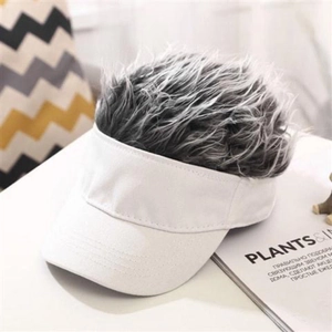Detailed view of white visor sun hat featuring grey synthetic hair wig on a white surface