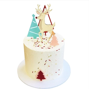 Acrylic Christmas cake topper set featuring cute elk and tree designs for holiday parties.