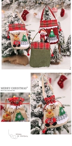 Detail of burlap Christmas gift bags with 3D reindeer and snowman felt appliques