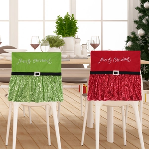 Christmas Chair Back Covers Sequin Fabric Santa Elf Belt Design Merry Christmas Embroidery Holiday Dining Room Decor
