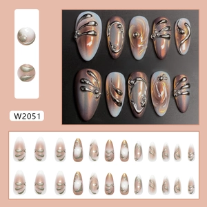 3D metallic abstract orange and blue press on nails with almond shape art design