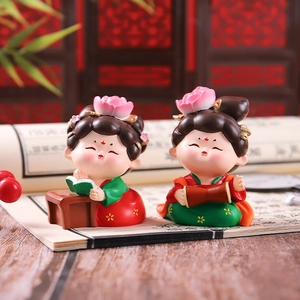 Ancient Chinese style Tang Dynasty lady figurines with drum and book home decor