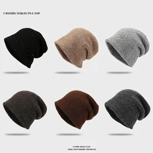 Berretto Slouchy da Donna in Acrilico Lavorato a Maglia con Lustrini Invernale Caldo Spesso Berretto alla Moda Tinta Unita