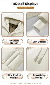 Detail view of hooded collar, ribbed cuffs, invisible pockets and adjustable drawstring