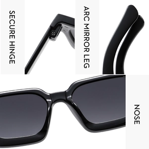 Detail view of square sunglasses featuring secure metal hinges and ergonomic curved legs