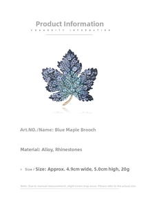 Detailed size specifications for the maple leaf brooch with blue rhinestones