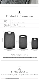 Sizing chart for 3-piece double-sided cutting board set in large, medium, and small sizes