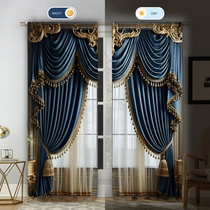 Detail of luxury European blue velvet curtains showing night and day lighting effects