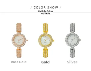 Détail des montres à quartz avec boîtier floral ondulé et serti de cristaux brillants