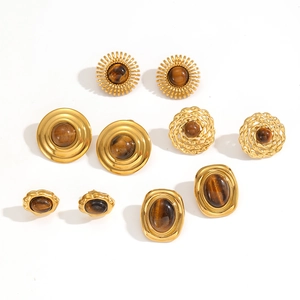 Five pairs of vintage 18K gold-plated stainless steel earrings with tiger eye stone insets