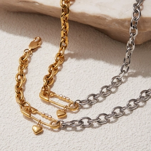 Two-tone 18K gold and silver stainless steel paperclip chain necklace with heart pendant
