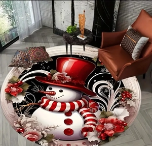 Round Christmas snowman area rug with red hat and scarf design in cozy living room