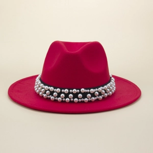 Red wool fedora hat with black ribbon and faux pearl embellishments for women