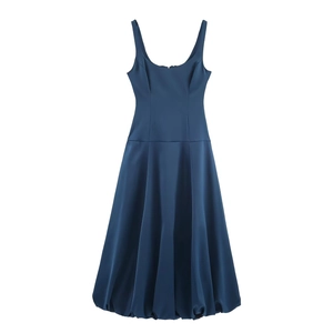 Satin Midi Dress Spaghetti Strap Balloon Hem Sleeveless Solid Color Elegant Party Dress For Women