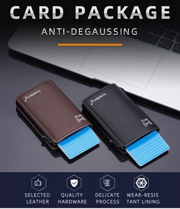 Detail view of RFID blocking pop-up metal card holders in brown and black litchi leather