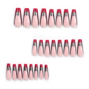 Dark bat glitter press-on nails with long coffin shape and red French tips decoration