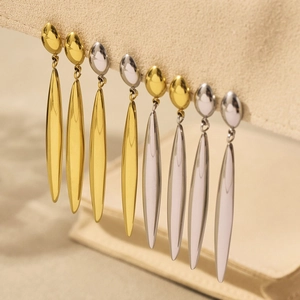 Polished stainless steel long teardrop earrings in gold and silver minimalist style
