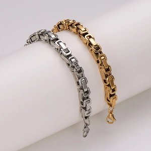 Men's Stainless Steel Byzantine Square Box Chain Bracelet Hip Hop Polished Metal Link Wristband Jewelry Gift