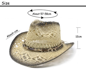 Straw cowboy hat size guide showing 58cm circumference and 8.5cm brim measurements