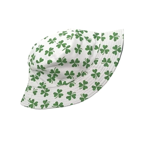 Close-up of green shamrock print on white cotton bucket hat with detailed stitching