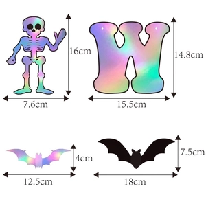 Iridescent Halloween decoration set with skeleton, bats and letters including size specs